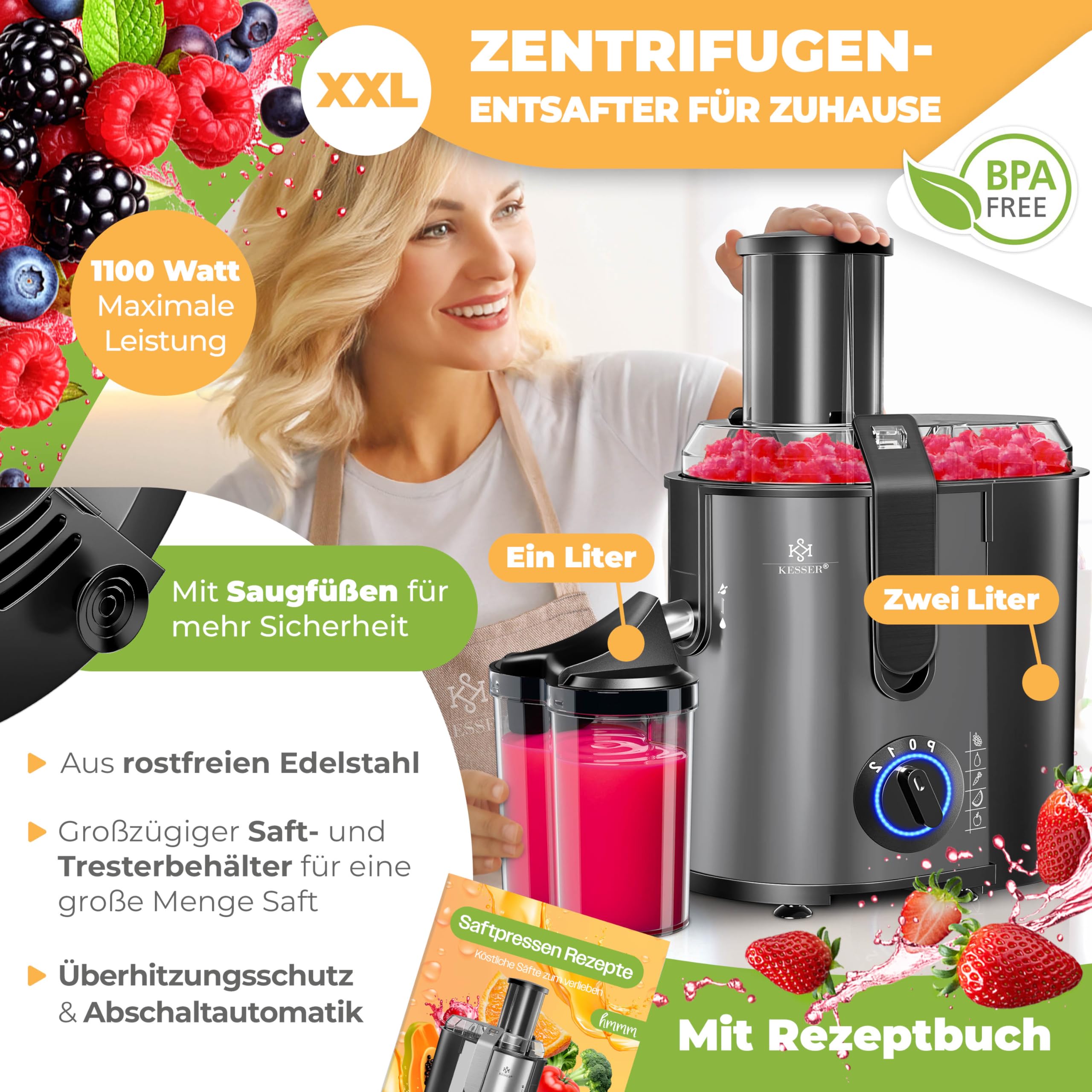 KESSER® Extracteur de Jus Fruits Légumes en Acier Inoxydable 1100W Grand Tube d'alimentation 3 Niveaux Presse-Juices Electrique Presse-Juice + Brosse, Porte-Juis, Livre de Recettes, Anthracite