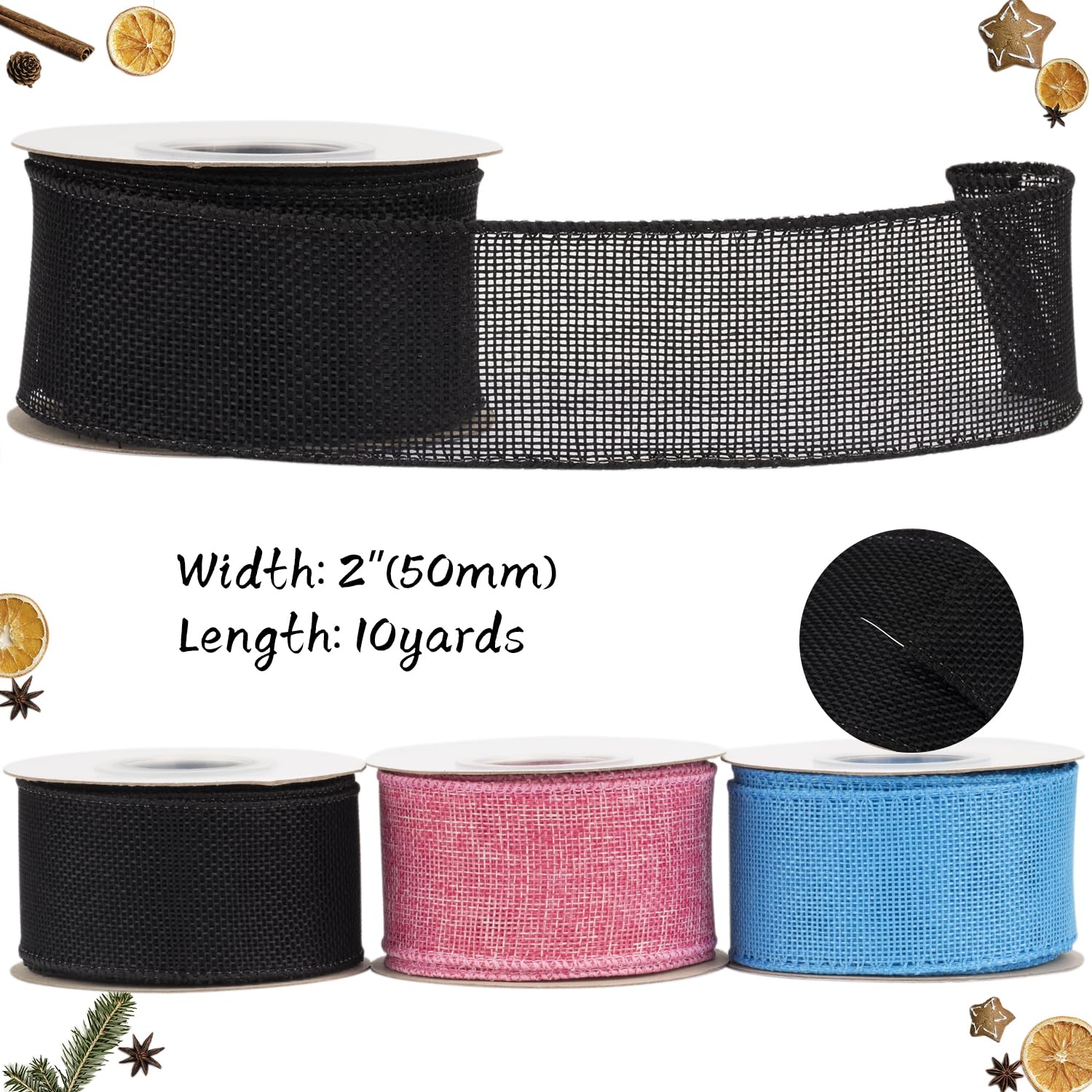 Tekdeere Burlap Ribbon 50mm x 9 Meters, Black Wired Ribbon for Crafts, Gift Wrapping, Wreaths, Bows, Tree Decoration and Outdoor Decoration - Image 2