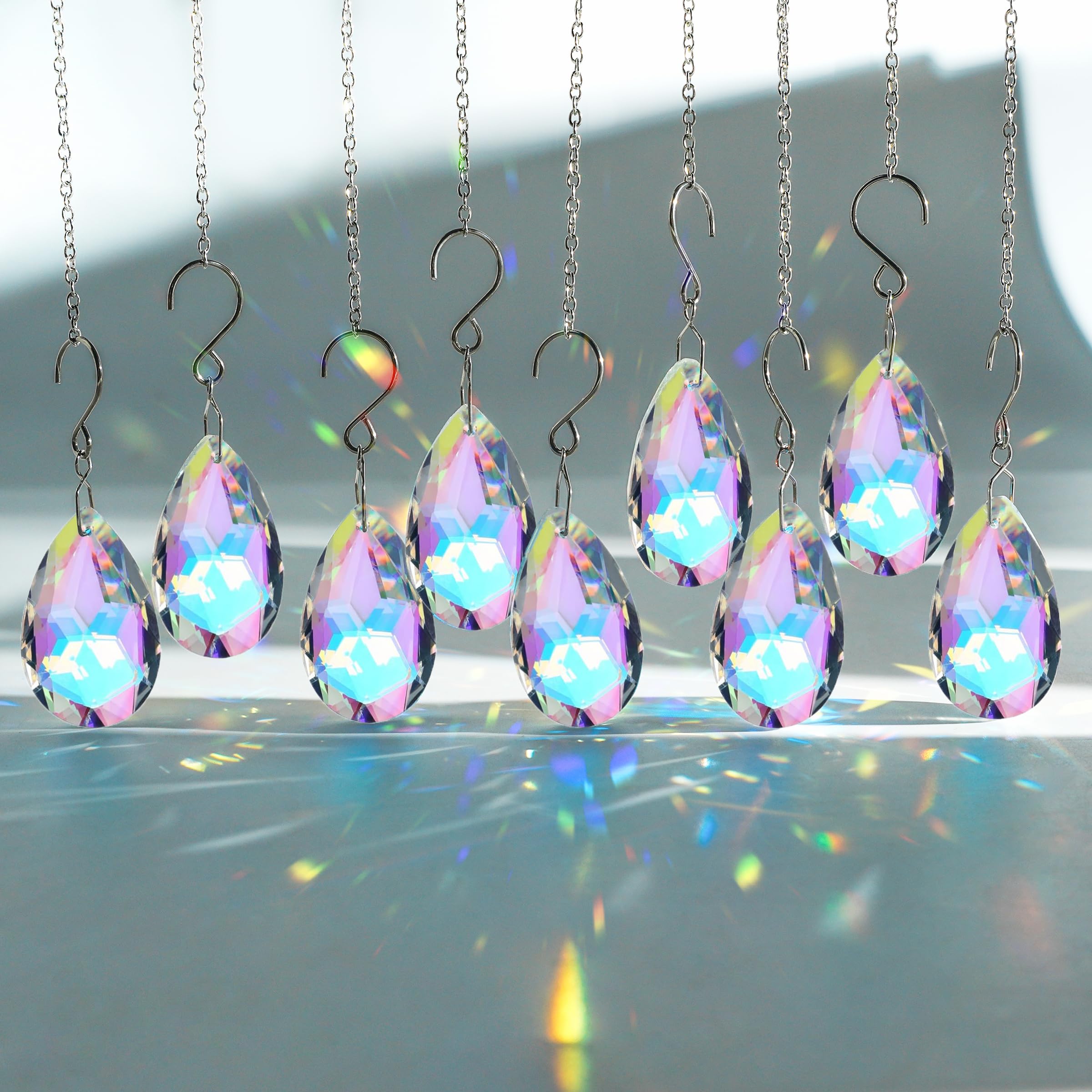 10pcs Crystal Sun Catcher, 38mm Hanging Clear Teardrops Crystals Chandelier Parts Prisms Pendants with Hook for Windows Lamps and Lanterns Party Birthday Decorations Home Decor (AB Coating)-image-18