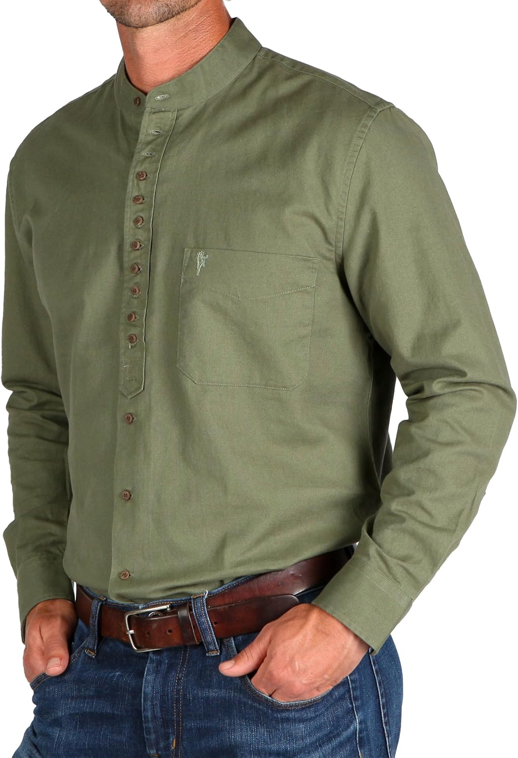The Celtic Ranch Collarless Shirt for Men, Irish Grandfather Cotton Linen Long Sleeve Button Down Banded Collar Dress Shirt