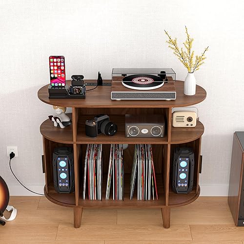 Miniatura 4 de Soporte redondo para tocadiscos, mesa de tocadiscos de mediados de siglo, estante para tocadiscos de vinilo con salida de corriente, gabinete de