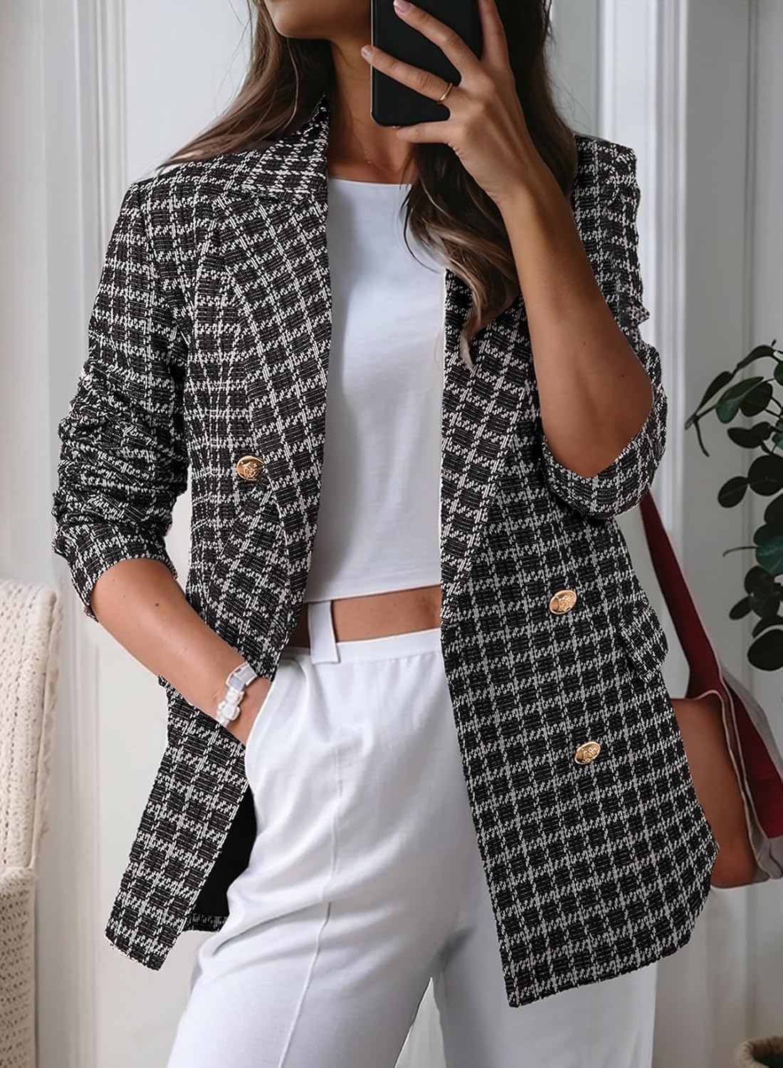 Happy Sailed Womens Plaid Tweed Blazers Dressy Casual Long Sleeve Double Breasted Open Front Blazer Jackets Work Suits - Image 2