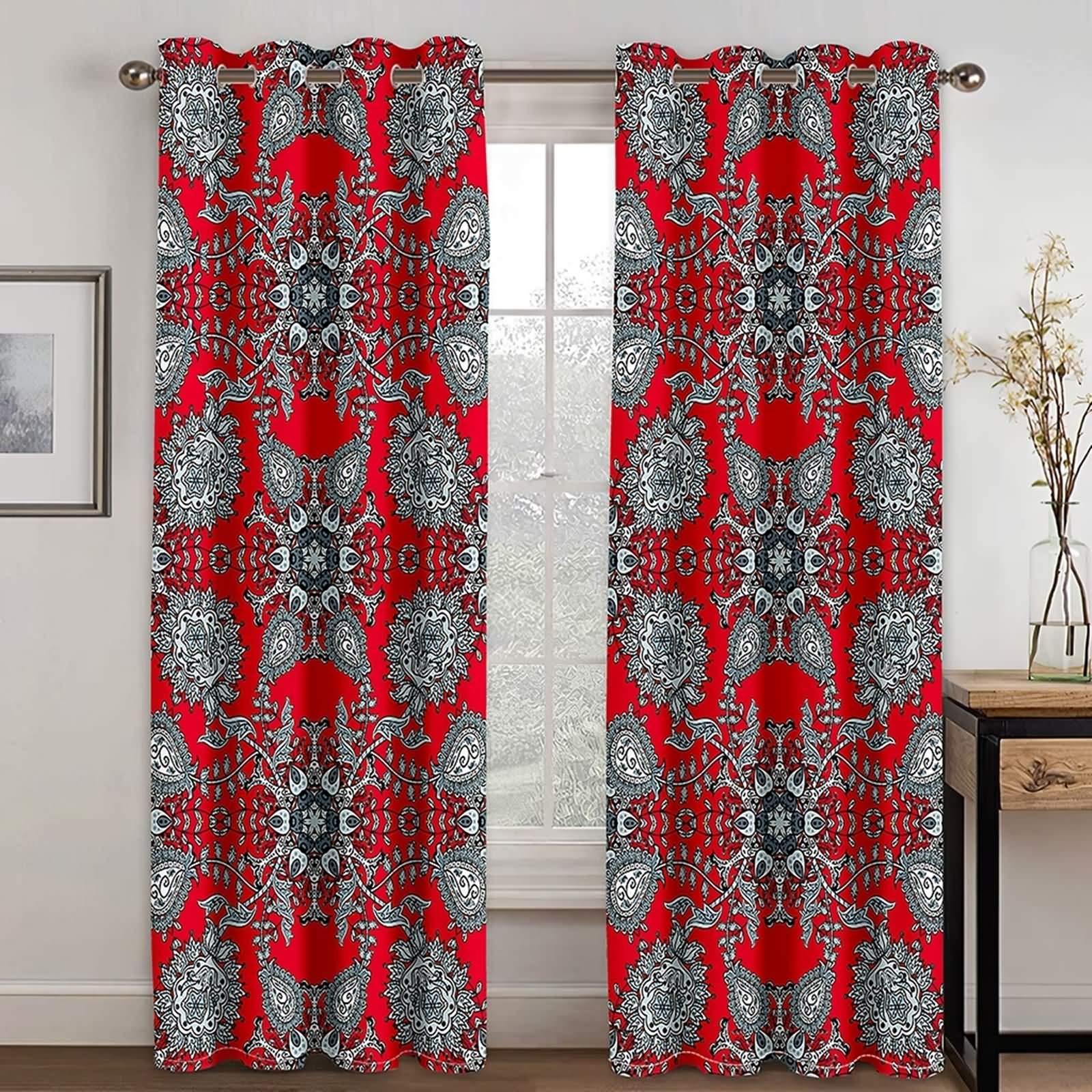 Zasłony zaciemniające z poliestru na przelotkach, zestaw 2 sztuk, wzór kwiatowy w stylu retro, do sypialni, nieprzejrzyste, 214 x 115 cm