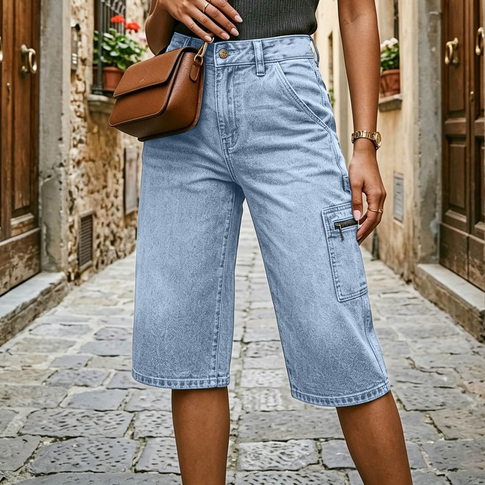 Pantalones Casuales Bolsillos Laterales Cremallera, Vaqueros Mezclilla Liso, Holgado Pierna Recta, Mujer