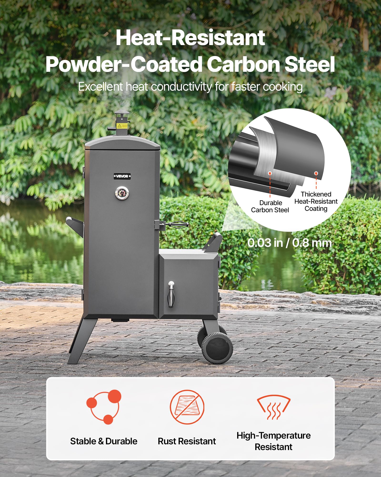 VEVOR Affumicatore Offset a Carbone per Barbecue in Acciaio Resistente con Focolare Laterale, con 6 Griglie Regolabili, Termometro e Prese d'Aria per Cucinare in Giardino o in Terrazza