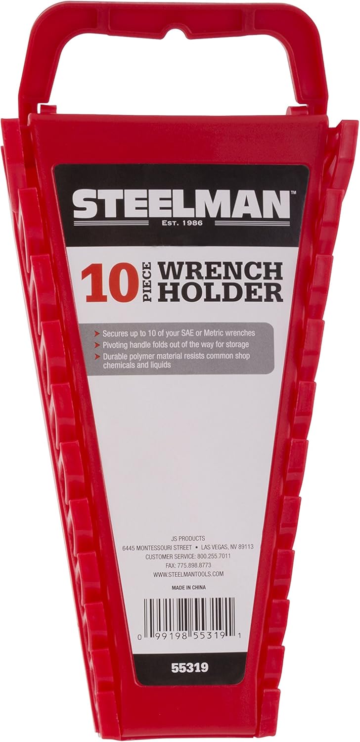 Steelman Universal 10-Tool Wrench Holder/Organizer for Mechanics, Conforming Slots, Handle for Carrying or Hanging Garage Storage, Red