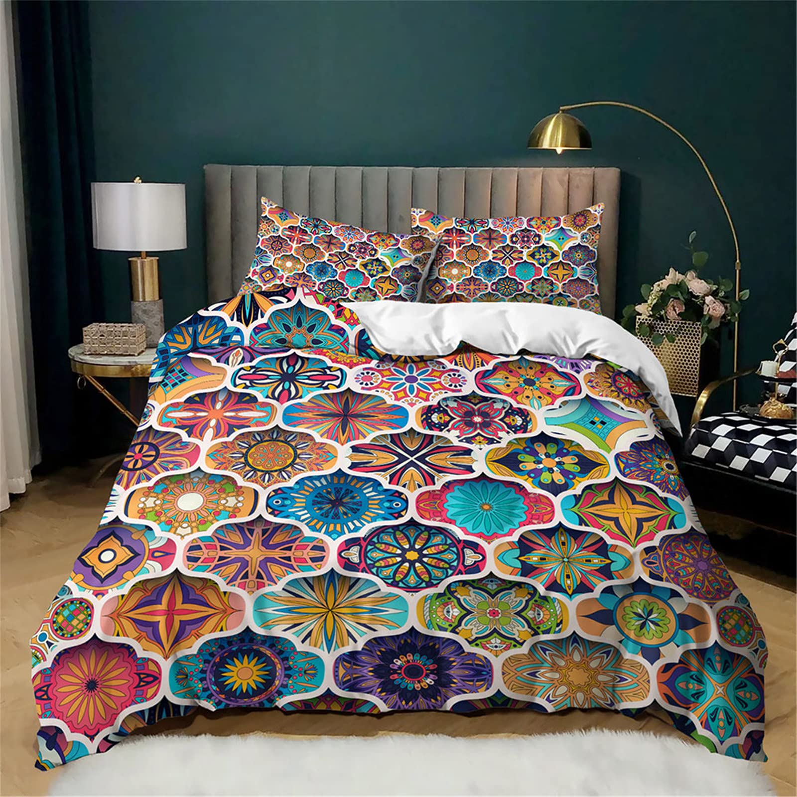 Meiju 3D Bedding Set Duvet Cover Set 3 Piece, Ethnic Printed Microfibre Bed Set with Quilt Cover with Zipper & Pillowcases 50x75cm for Single Double Super King Bed (Abstract geometry,180x220cm)
