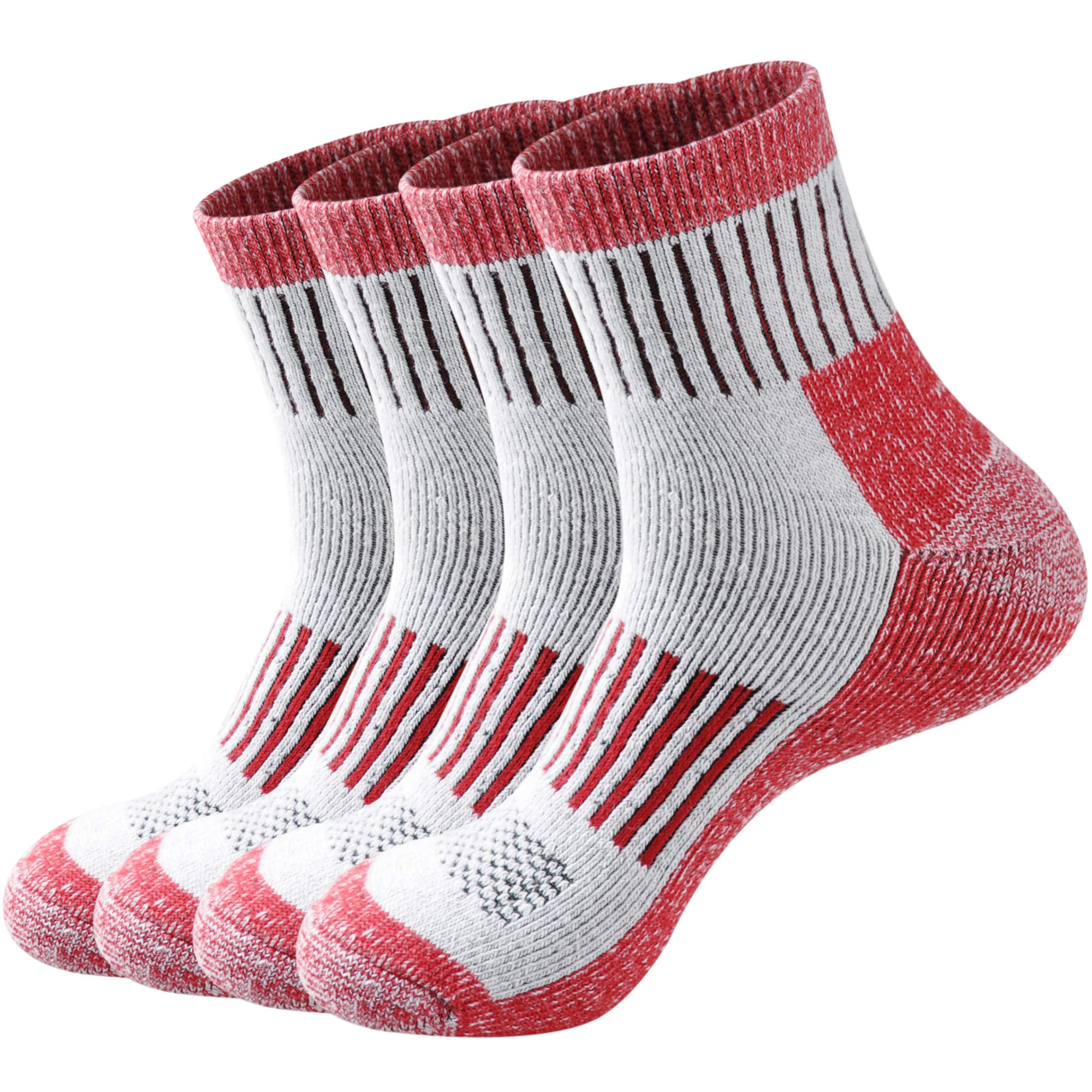 EcoeyEXPLORER Merino Wool Hiking Outdoor Trail Quarter Socks For Men and Women 4 Pairs, Moisture Wicking Sweat Control (Red, US Shoe Size: Men 12-15/Women 13.5-15.5)