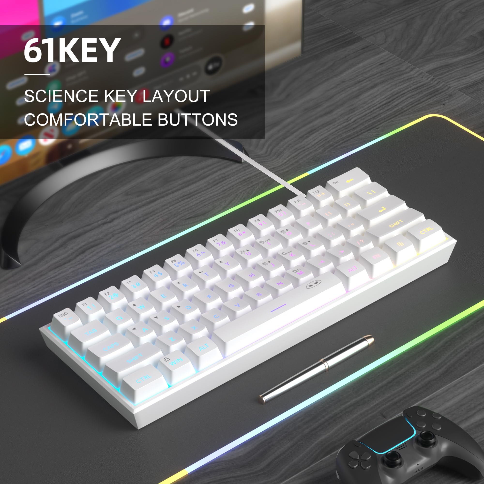 MageGee Tastiera da gioco al 60%, impermeabile, ultra-compatta, mini tastiera a 61 tasti, retroilluminata RGB, tastiera portatile per computer Mac Windows Laptop Xbox PS PC (bianco)