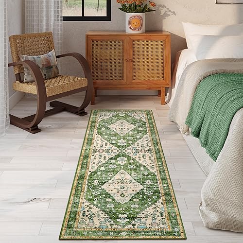 Miniatura 306 de Lahome Tapete tribal bohemio, pequeño, suave, antideslizante, lavable, de pelo corto, para piso en puerta, interior, entrada, baño, silla, Verde