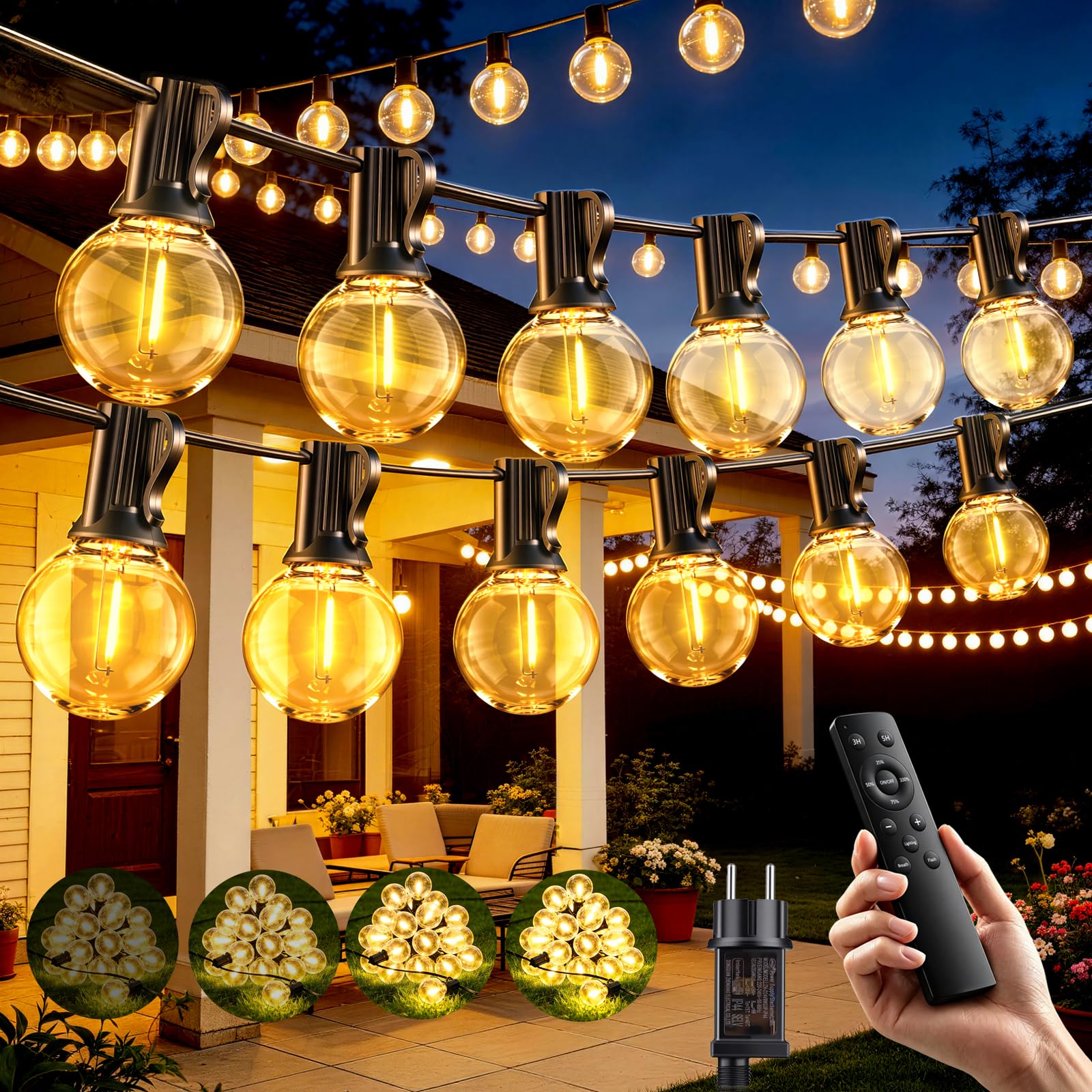 20M Catena Luminosa Esterno con Telecomando, con 25+2 LED G40 Lampadine, Bianco Caldo, 3 Modalità/Impermeabile/Tempistica/Dimmerabile, Luci Giardino Catena per Giardino, Cortile, Patio, Campeggio