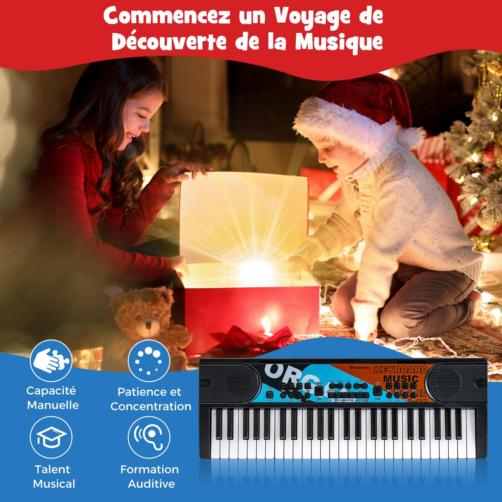 COSTWAY Clavier Piano Enfants 49 Touches avec Microphone, Piano Numérique Portable avec 8 Rythmes, 8 Tonalités, 10 Démos, Haut-parleurs, Jouet Musical Éducatif pour Garçons Filles 3 Ans+ (Noir)