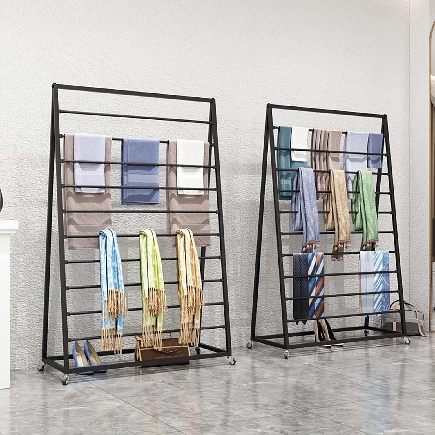 Rolling Scarf Rack Display Stand on Wheels, Floor Standing Metal Scarf Multi-Purpose Holder Organizer for Shawl/Belts/Ties/Pants/Cloths, Large Capacity (Black)