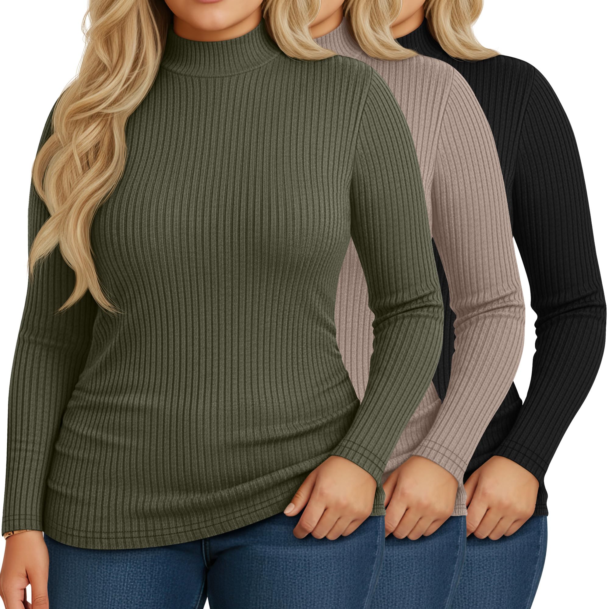 Riyiper 3 Pack Womens Plus Size Turtleneck Top Ribbed Base Layer