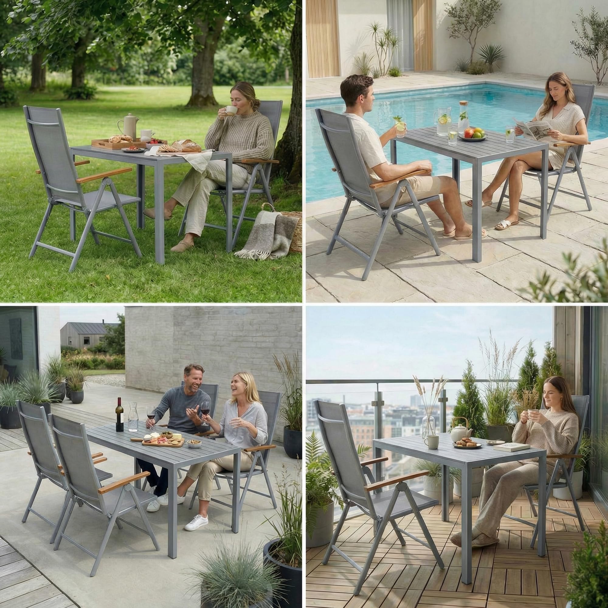 LIFERUN Juego de Muebles de Jardín 3 Piezas Aluminio, Mesa WPC 110x70 cm + 2 Sillas Plegables con Respaldo Alto, Muebles de Exterior Resistentes a la Intemperie para Terraza y Balcón,Gris Completo