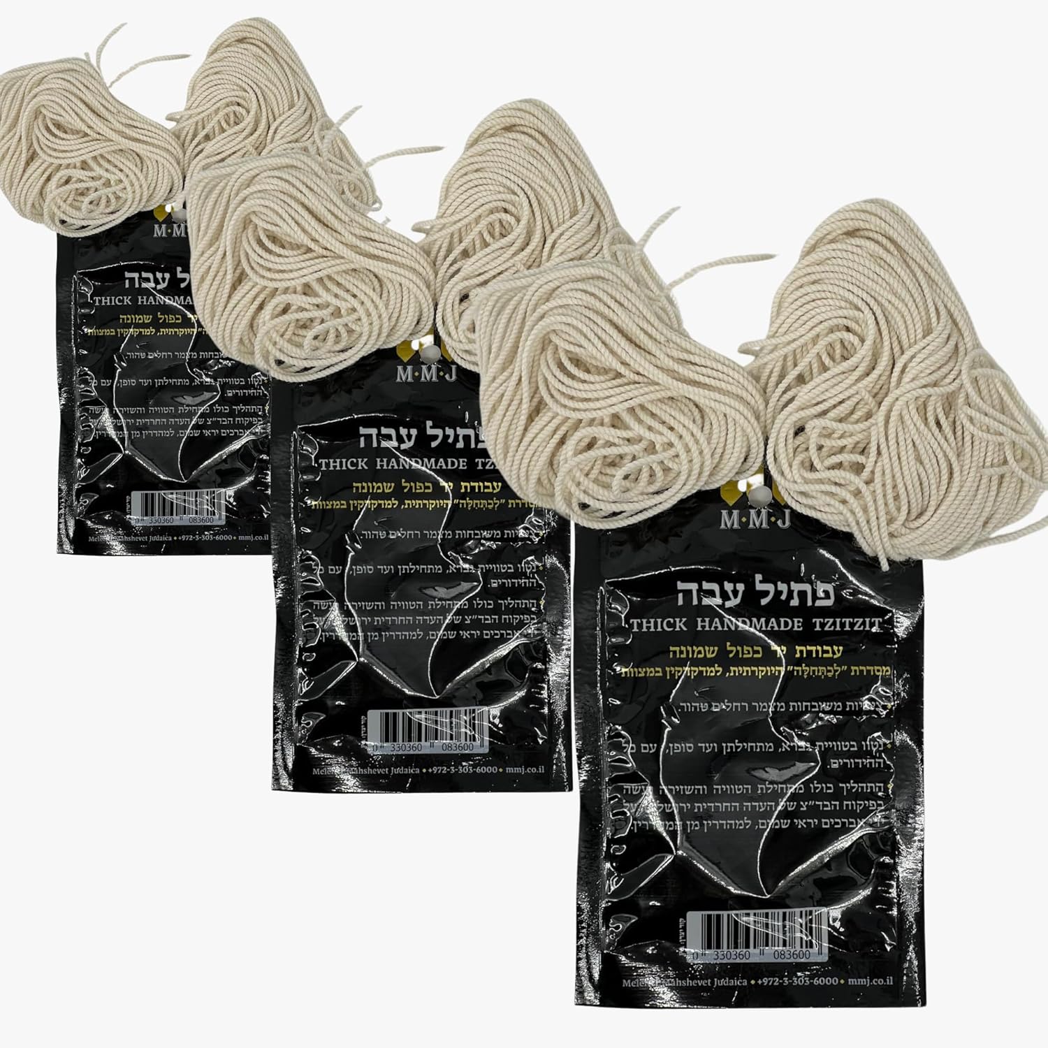 3 Pack Kosher Ptil Tzitzit Hand-Spun Thick Strings Made in Israel - Jewish Traditional Tzitzits Strings Set