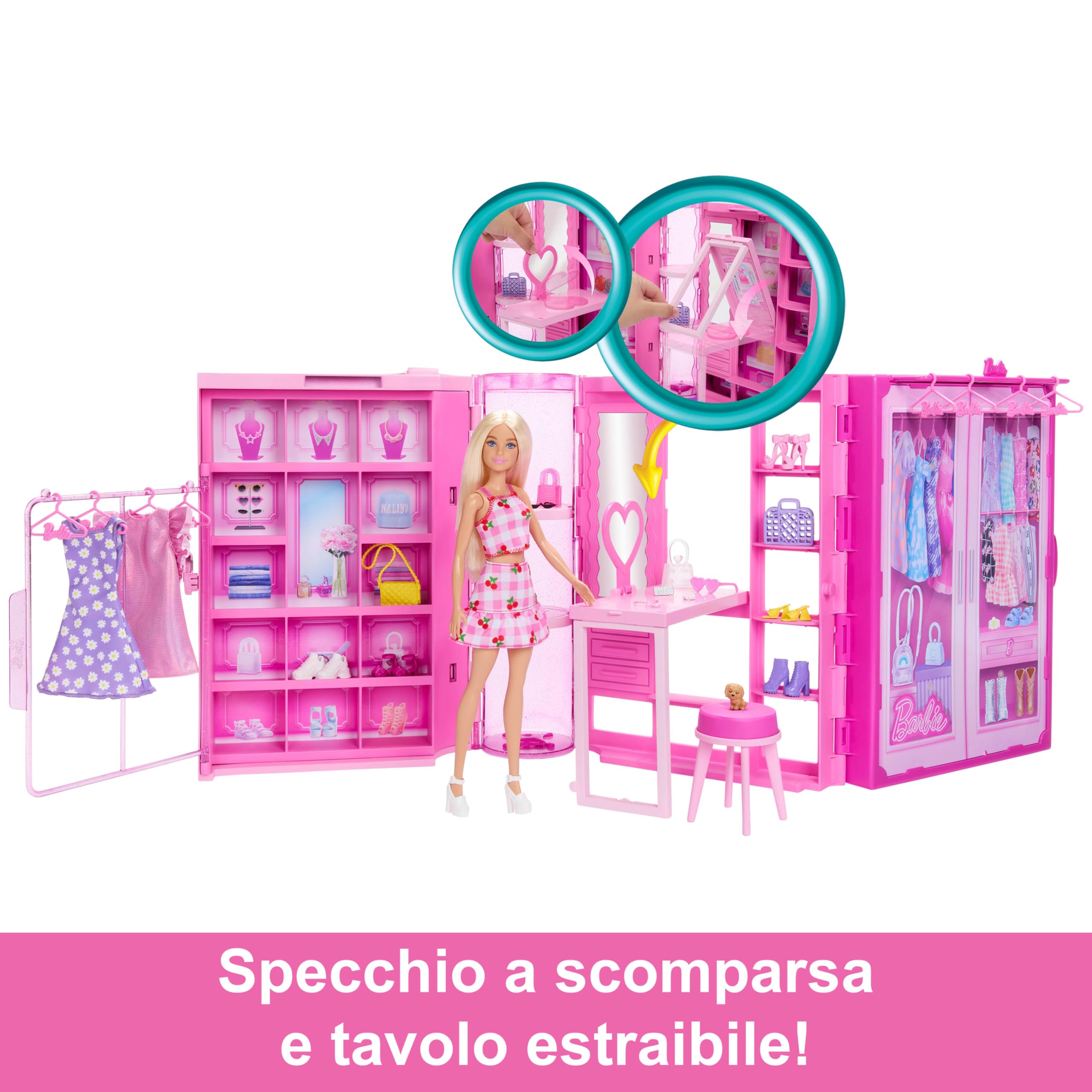 Barbie - Armadio dei Sogni, playset con bambola bionda alla moda, armadio largo 90+ cm con 25 vestiti e accessori, 3 look completi inclusi, giocattolo per bambini, 3+ anni, HXD58