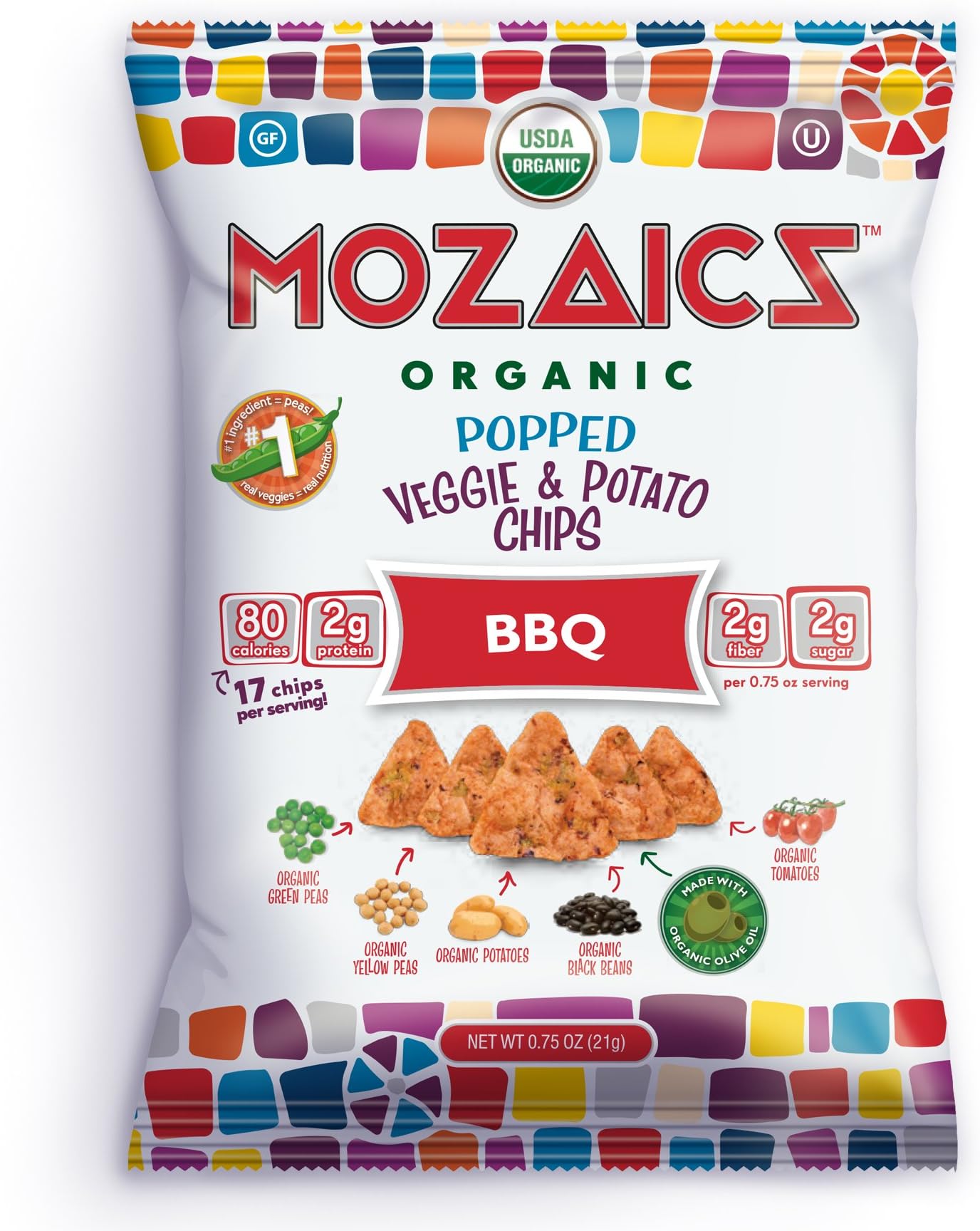Mozaics BBQ snack bags- Popped Veggie Chips (24-pack) | Healthy Pea Protein Crisps | Gluten free (0.75 oz single serving bags)