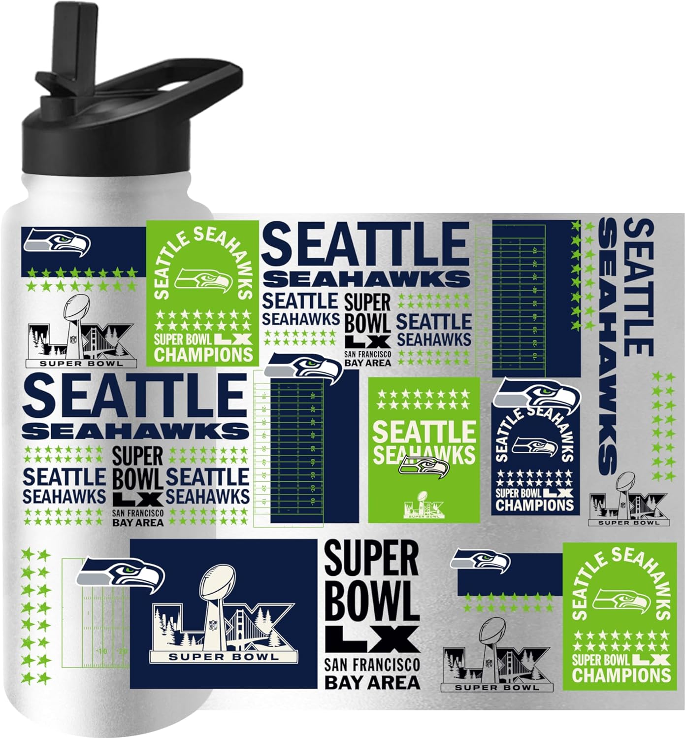 FANMATS Seattle Seahawks Super Bowl 60 Champions 34 oz Quencher Water Bottle – Built-In Straw, Official Super Bowl 60 Champs Logo - Image 2