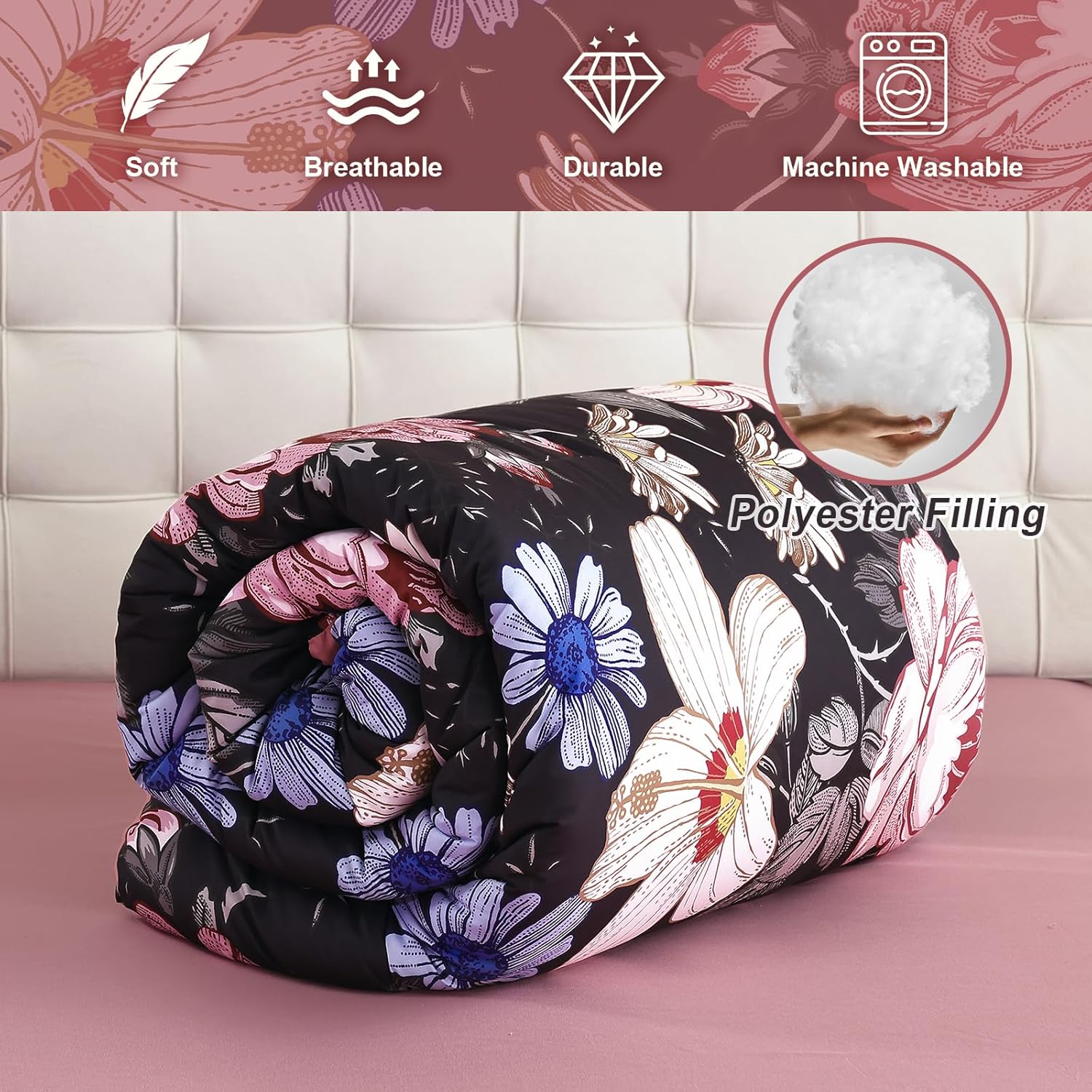 Luxudecor Queen Comforter Set 7 Pieces Bedding Sets,Black Pink Floral Comforter and Sheet Set,Soft Microfiber Bed in a Bag for All Seasons (Black Pink,90"x90") - Image 8