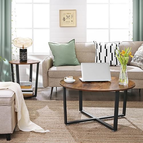 Miniatura 5 de VASAGLE - Mesa auxiliar redonda de 2 niveles con estante de almacenamiento; mesita de noche acentuada para espacios pequeños, sala de estar, Marrón