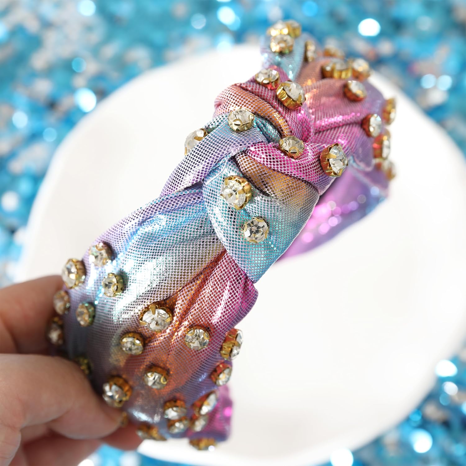 Rainbow Knotted Headband for Women Girls Glitter Crystal Rhinestone Headband Wide Knot Luxury Metallic Hairband Ladies Party Holiday Hair Hoop Blue