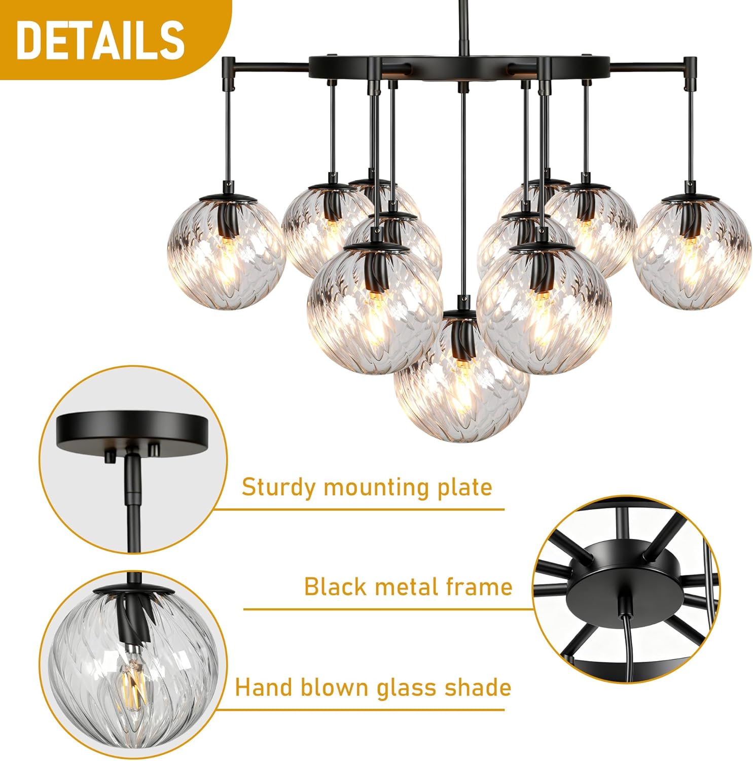 28.4" Black Bubble Chandeliers for Dining Room, Modern Glass Chandelier with Swirled Clear Ribbed Hand Blown Glass Shade, Hanging Pendant Light Fixtures for Living Room Bedroom Entryway