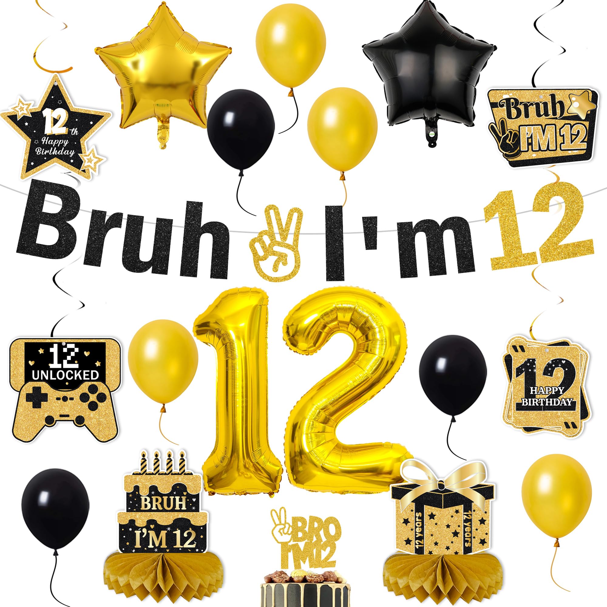 Bruh 12th Birthday Decorations for Boys - Bruh I'm 12 Banner Number Heart Balloons Honeycomb Centrepieces, Cake Topper Black Gold 12 Years Old Boys Party Supplies