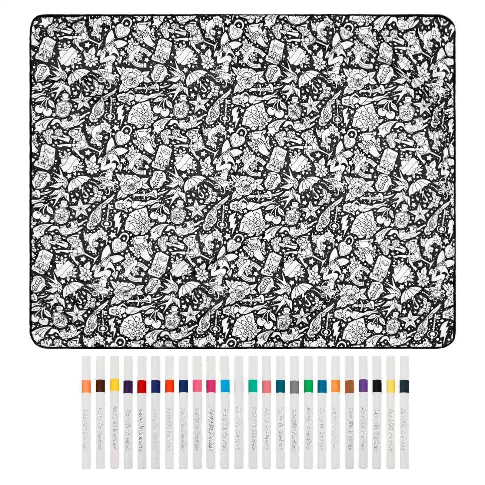 Coperte da colorare per adulti, Coperta colorata con pennarelli con 24 pennarelli, 59,06 × 45,28 pollici Coperta lavabile e riutilizzabile per adulti, bambini, artigianato fai-da-te, viaggi, auto