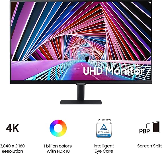 SAMSUNG 32 S70A Series 4K UHD (3840x2160) Computer Monitor, HDMI, DisplayPort, HDR10 (1 Billion Colors), 3-sided border-less, TUV-certified Intelligent Eye Care, LS32A700NWNXZA