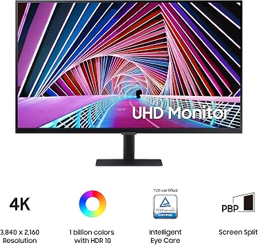 SAMSUNG 32 S70A Series 4K UHD (3840x2160) Computer Monitor, HDMI, DisplayPort, HDR10 (1 Billion Colors), 3-sided border-less, TUV-certified Intelligent Eye Care, LS32A700NWNXZA