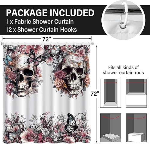 Miniatura 3 de KAIRA Cortina de ducha de flores de calavera, 72 x 72 pulgadas, tela impermeable, decoración de baño con ganchos, cortina temática de esqueleto