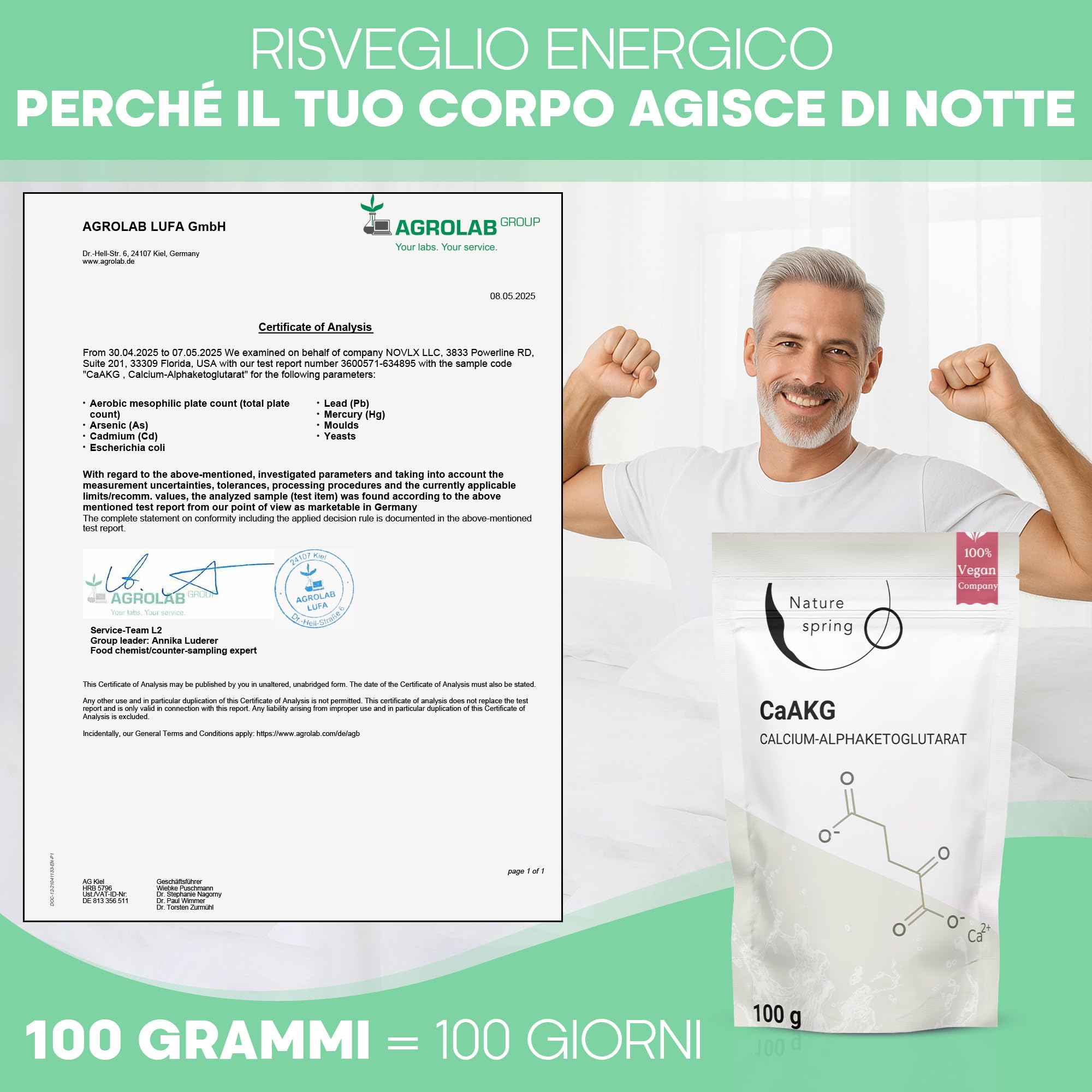CaAKG Polvere altamente dosato | Pacco da 100 grammi +3,3 mesi | Premium vegano di calcio-alphachetoglutarato | 1000 mg di calcioakg per porzione | Testato in laboratorio in Germania