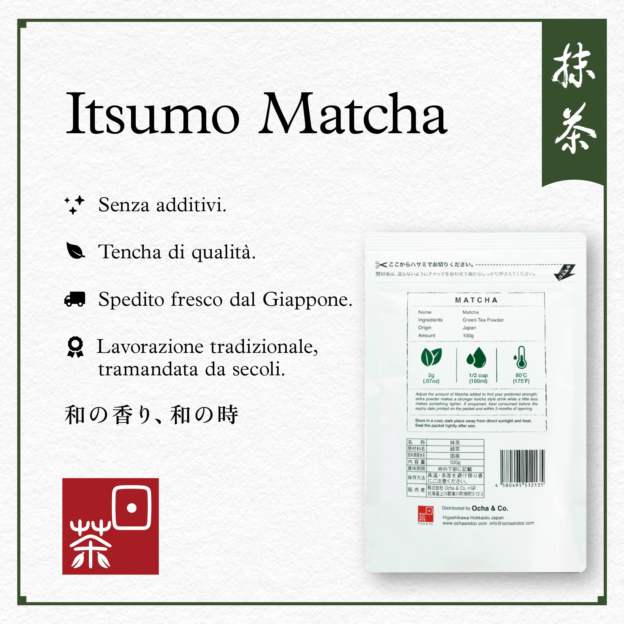 Ocha & Co. Itsumo Matcha - Grado Classico - Matcha Giapponese di Prima Raccolta in Polvere - Macinato Tradizionalmente a Pietra, 100g