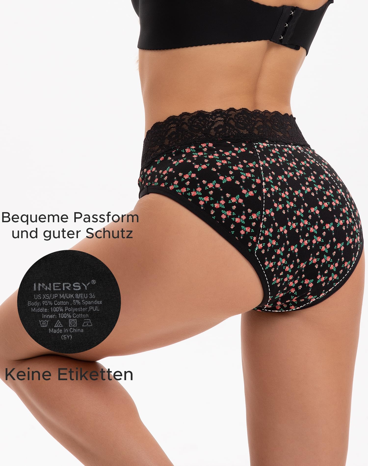INNERSY Mutande Ciclo Mestruale Flusso Leggero Slip Donna Cotone Vita Media Intimo Pizzo Pacco da 3