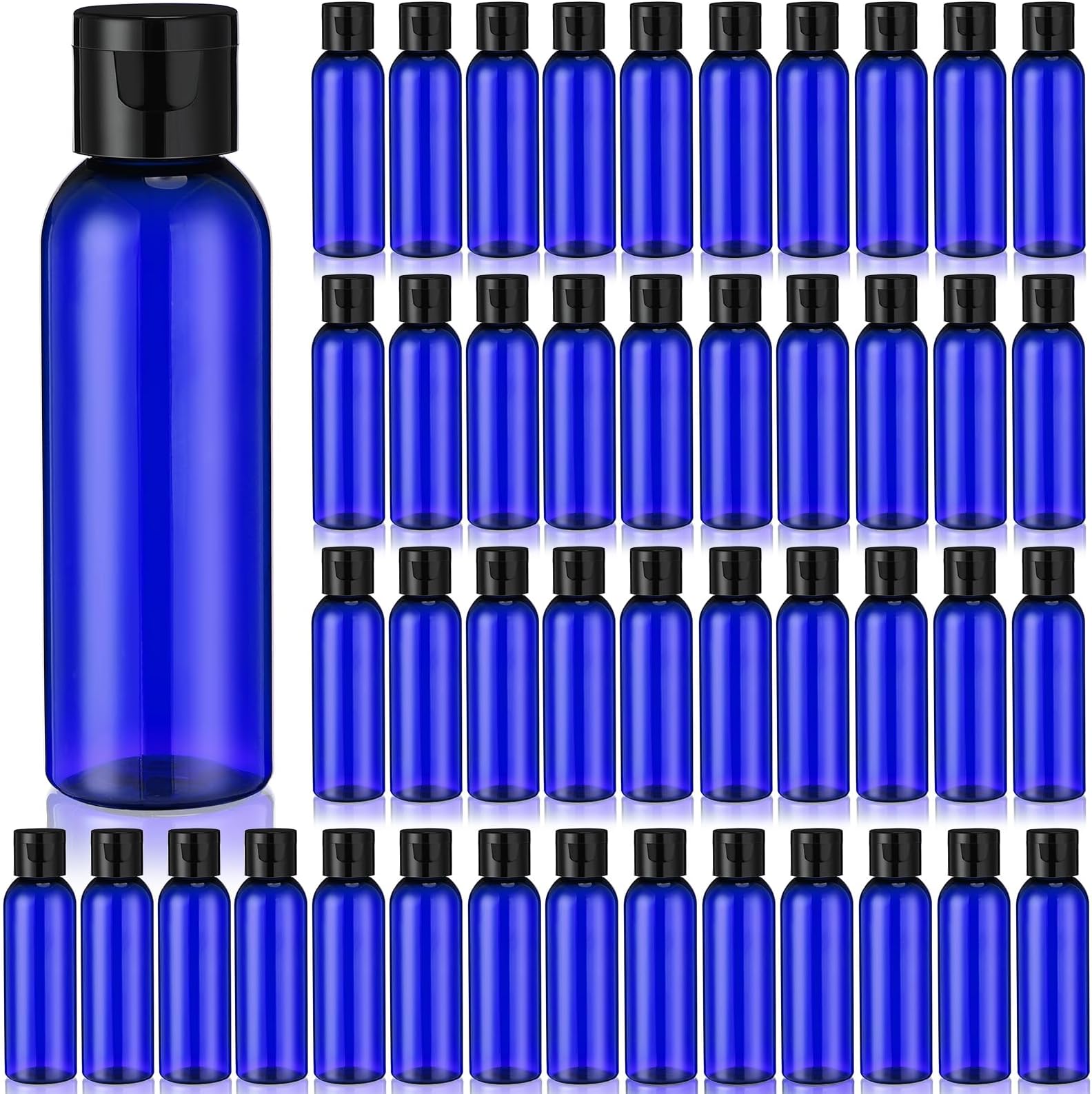 Zhehao 200 Pcs 2 oz Blue Plastic Empty Bottles Small Travel Size Bottles with Flip Cap Empty Transparent Dispenser Container for Liquids Toiletries Shampoo Lotion (Black Cap)