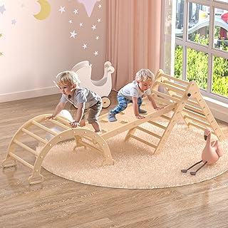 XJD 7 in 1 Pikler Triangle Set, Foldable Climbing Toys for Toddlers, Toddler Indoor Playground for 1-6 Years, with Ramp Sliding or Climbing, Rocker, Wooden Climbing Set (Primary Colors, 7 in 1)