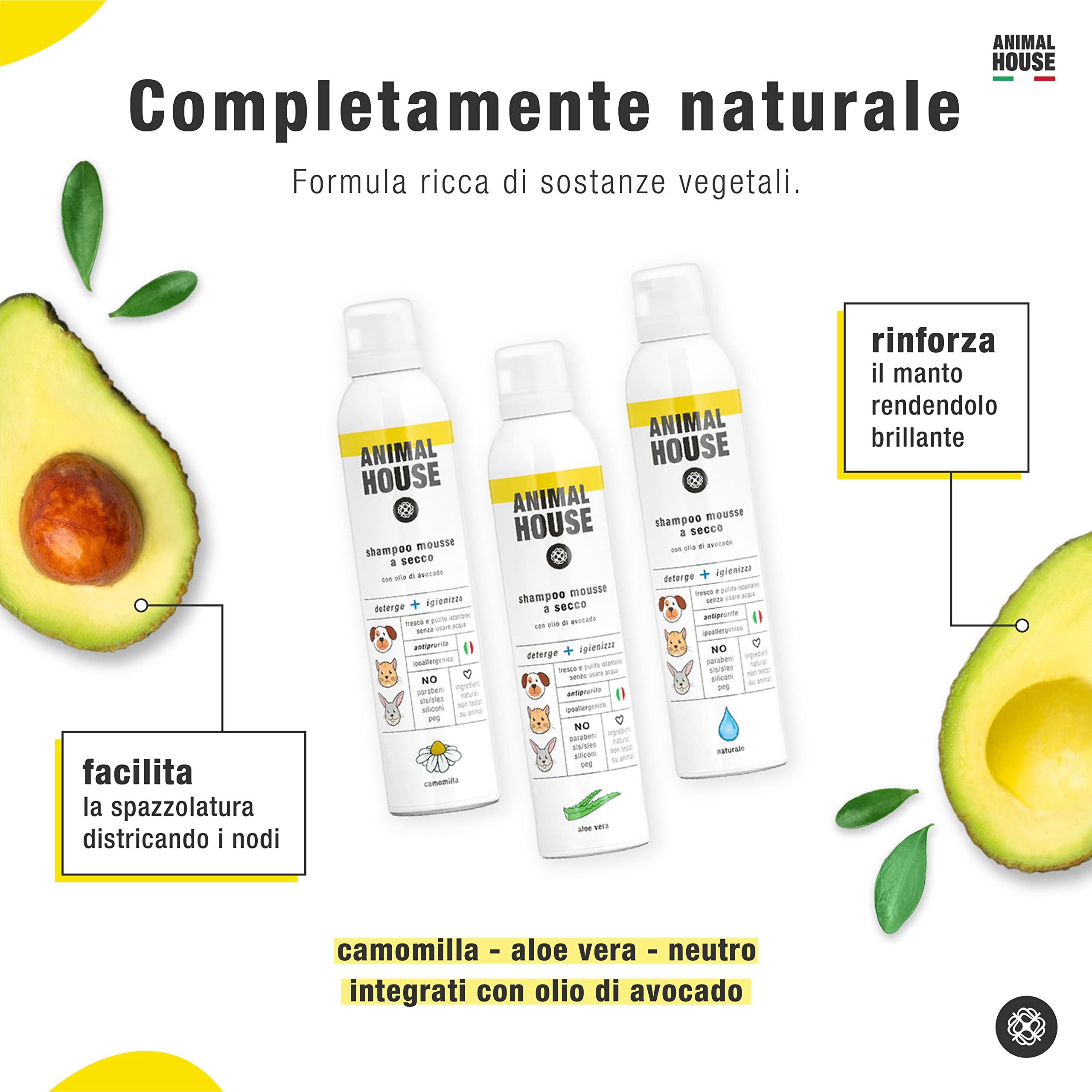 ANIMAL HOUSE - Shampoo Secco Mousse - Ipoallergenico - Adatto a tutte le razze - Privo di Agenti Chimici - Made in Italy - Nutriente - Naturale - (Aloe Vera)