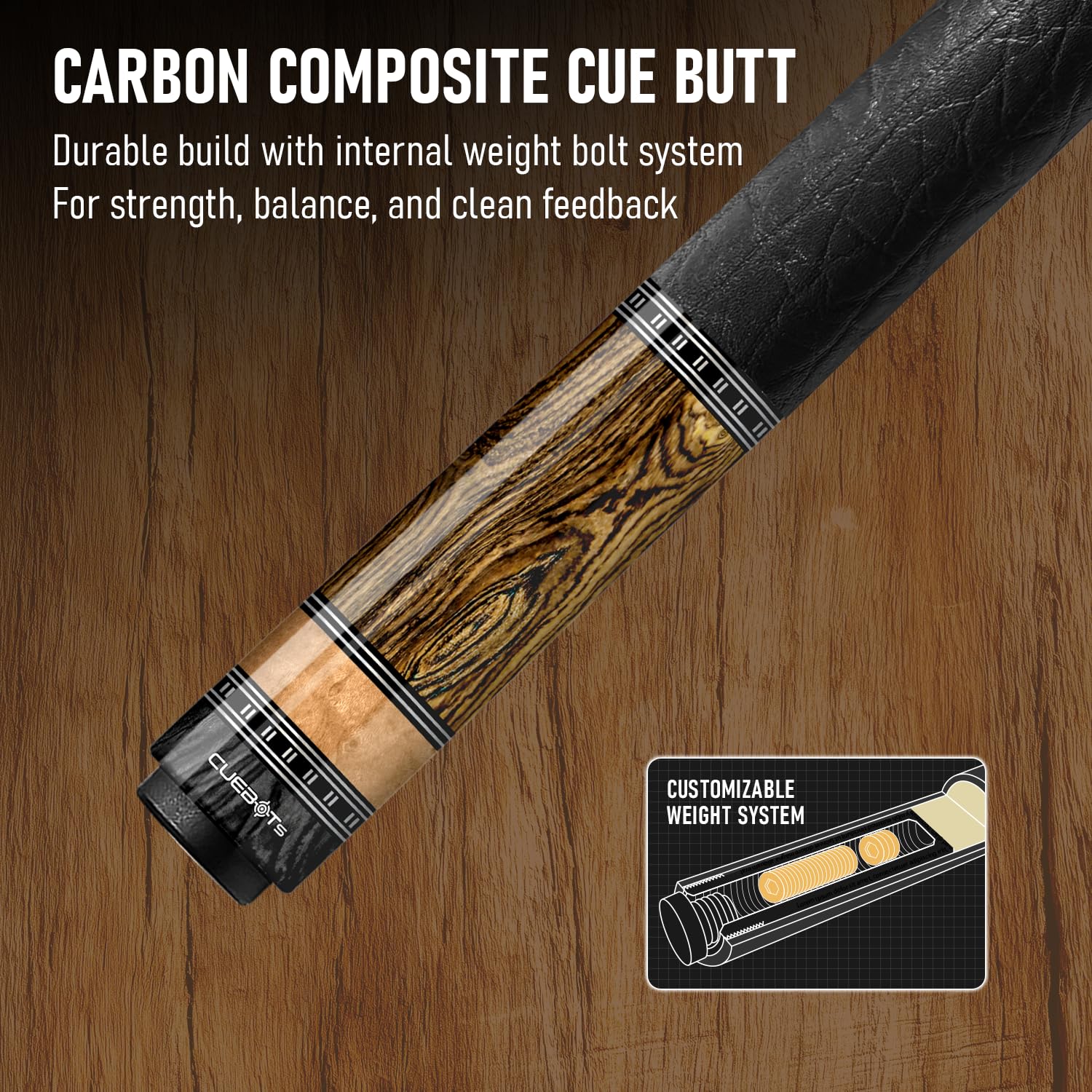 CUEBOTS CGP-Serie, Glasfaser-Pool-Queuestab, Uni-QR-Schnellwechselgelenk, Elefanten-Textur-Mikrofaser-Ledergriff, 73,7 cm Glasfaserschaft, 7-lagige Mikrofaser-Spitze