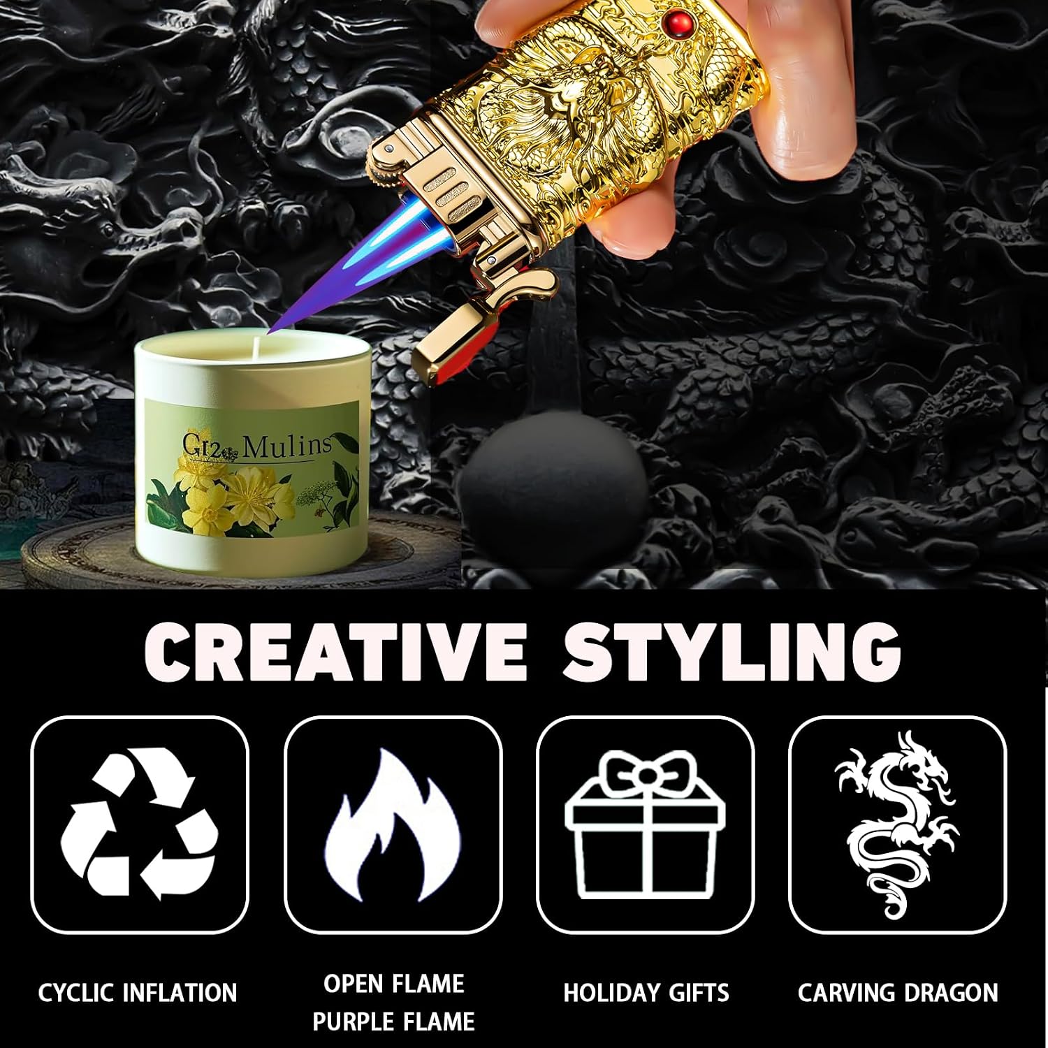 Carving Dragon Antique Lighter, Cool Vintage Metal Lighters, Torch Lighters Butane Refillable, Unique Lighters Gifts for Men, for Candle Camping(NO Butane Fuel) (#14) image 4