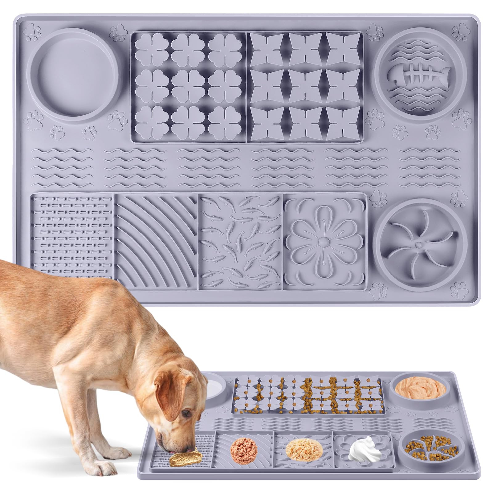 Tapete Grande de Silicona para olfatear de 32'' x 20'', tapete para lamer Perros con ventosas, alimentador Lento para Perros, Reductor del aburrimiento (Gris)