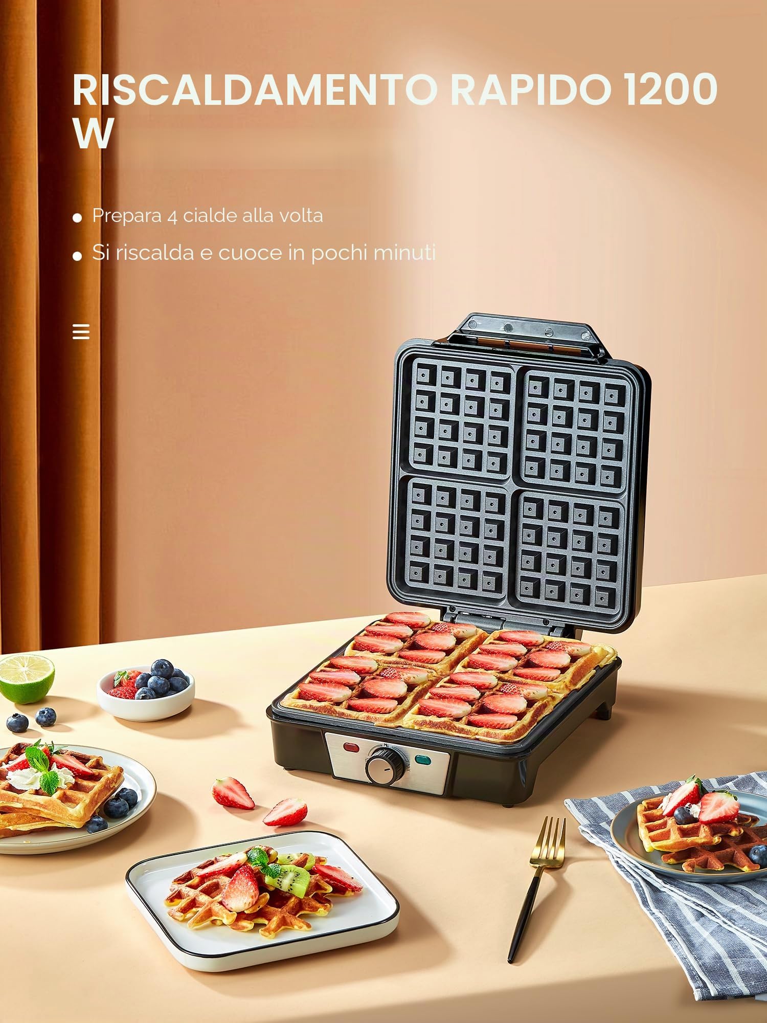 VINATO Waffle Maker, Macchina Waffle per 4 Waffel, 1200W Calore Rapido e Stabile, Piastra Waffle con Rivestimento Antiaderente Delle Piastre Riscaldanti, Regolazione Continua Della Temperatura