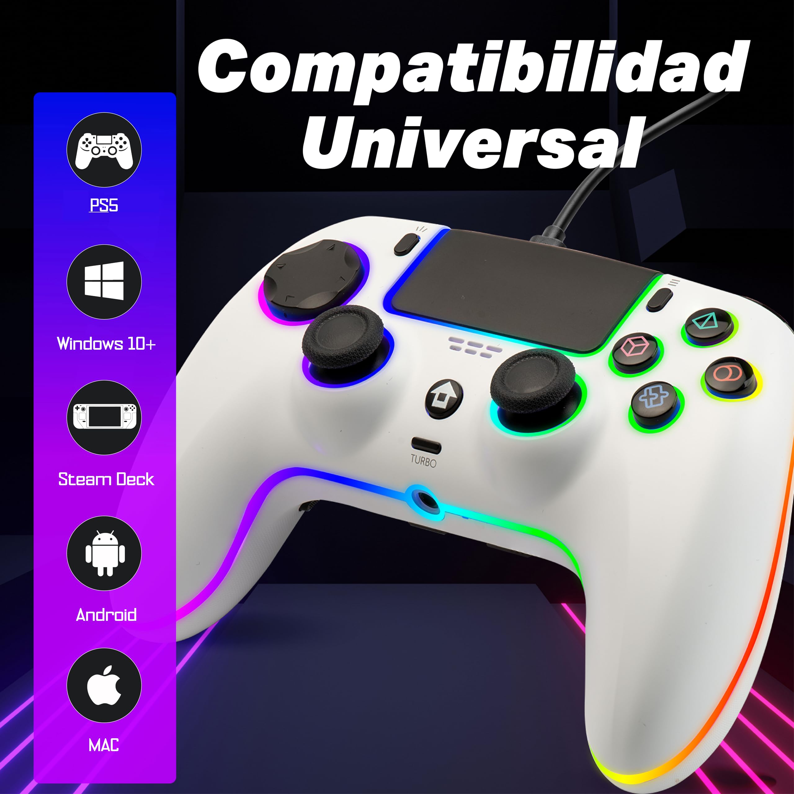 NITHO NOVA Mando con Cable Compatible con PS5/PC/MAC/Android/Steam Deck, Gamepad con Efecto Hall, Paletas Programables, Turbo, Giroscopio de 6 Ejes, Vibración Dual, Iluminación RGB & Jack de Audio