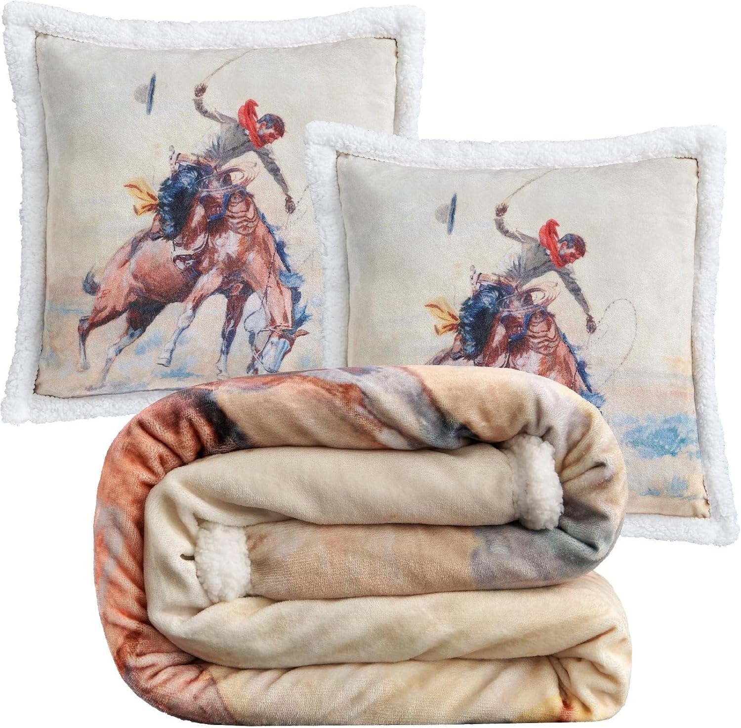 Indigo Hill by HiEnd Accents Buster 3 Piece Sherpa Western Throw Blanket Set, Cowboy Horse Print, Cream Blue Fleece Western Blanket with Pillows, Rustic Southwestern Style, 1 Throw and 2 Pillows