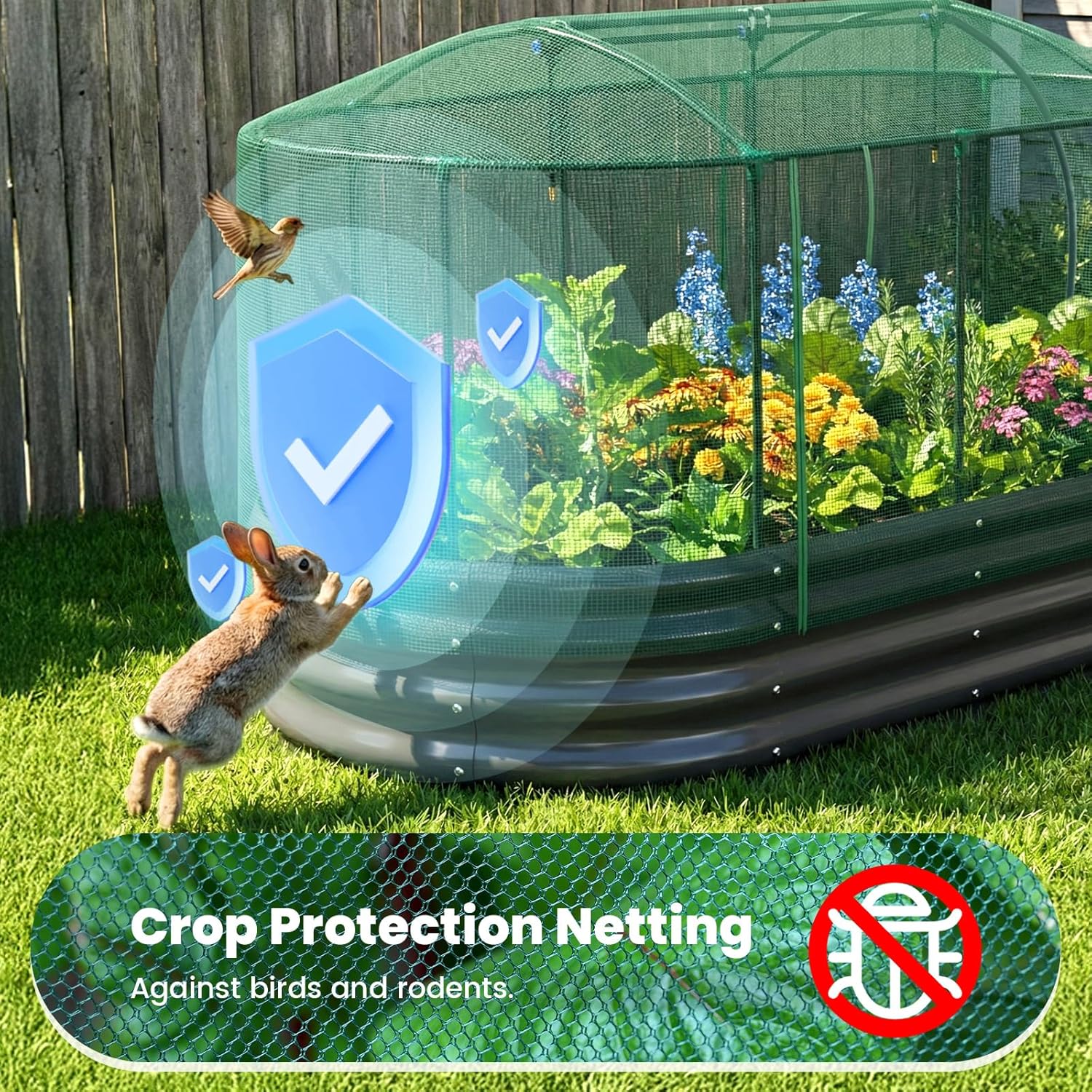 Raised garden bed with mesh cover protecting plants from a bird and a rabbit