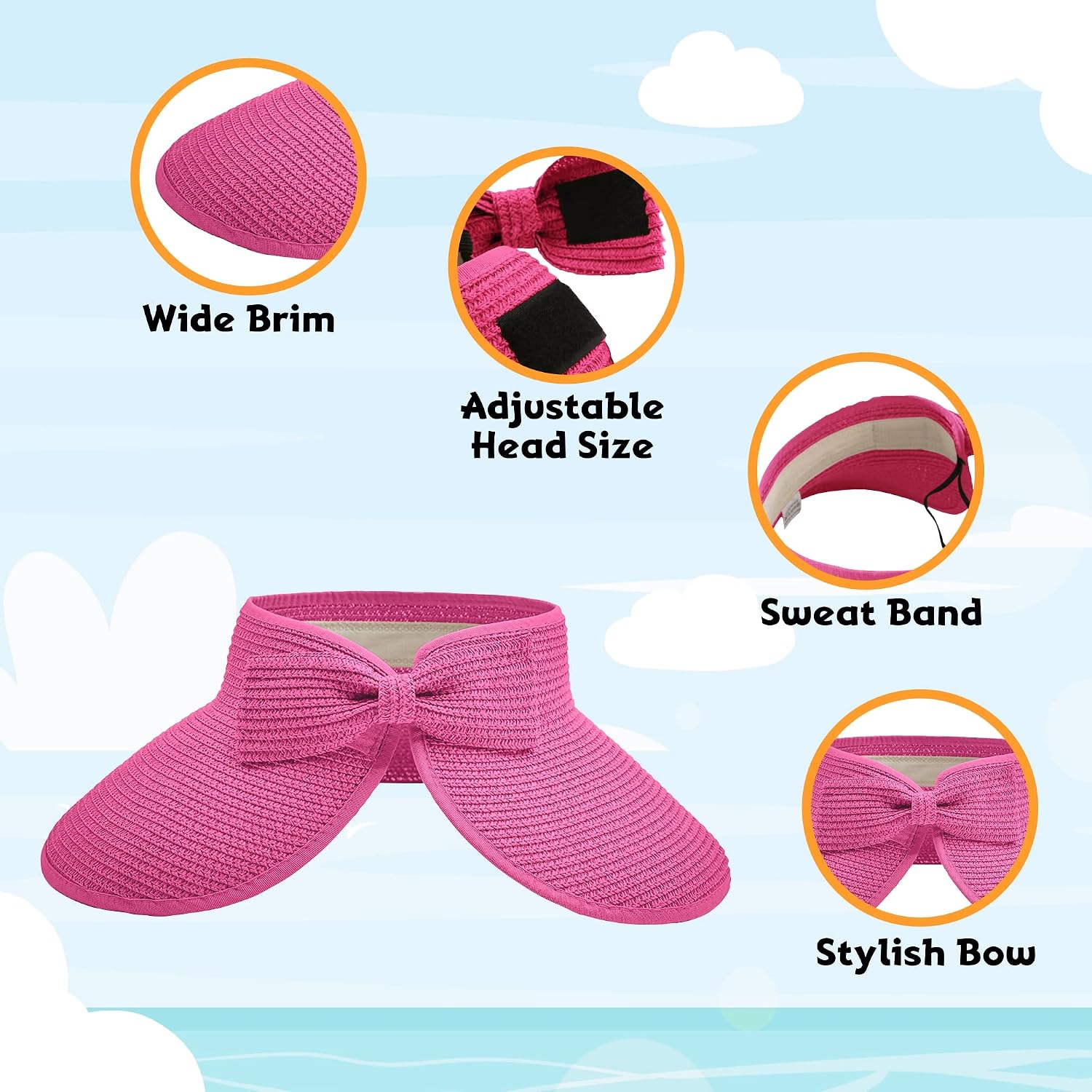 Straw Sun Visor for Women, Wide Brim UPF 50+ Protection Beach Hat, Adjustable, Roll Up Foldable Ponytail Cap with Chin Strap image 4