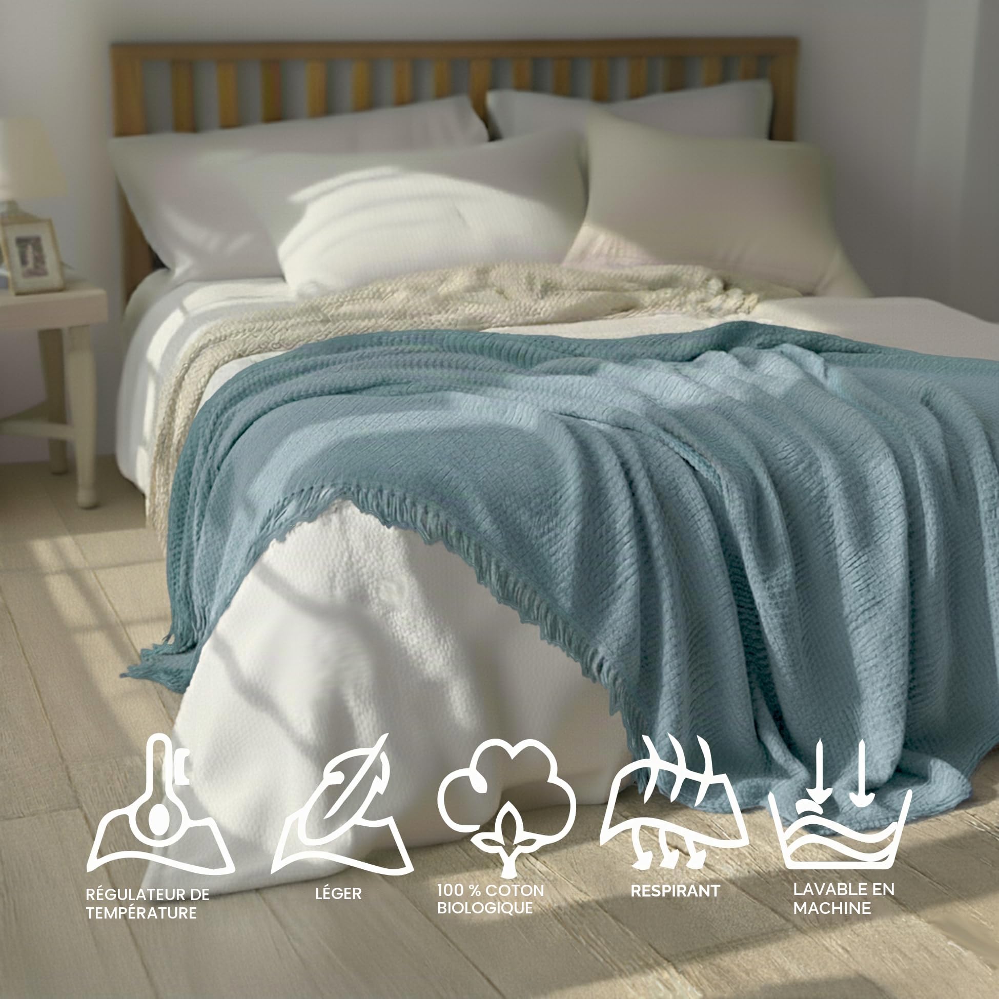 KyraHome Couverture en Mousseline 100% Coton Bio pour canapé, Adulte, prélavée, Teinture végétale, Respirante, légère, en Gaze Douce pour Femme, Toutes Saisons, 140 x 152 cm, Bleu Ardoise