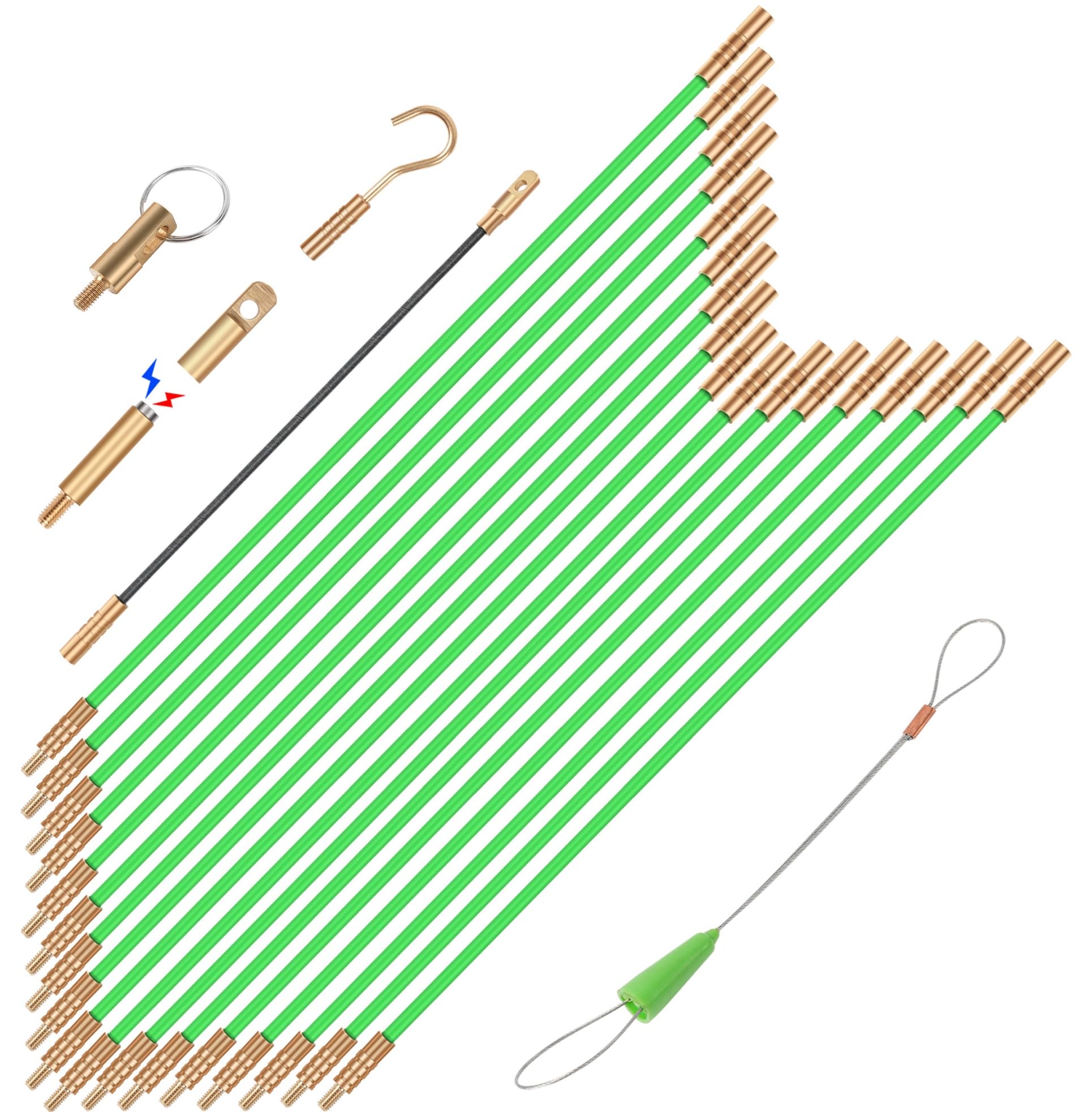 GURADESIGN23.8 FT Fiberglass Running Electrical Wire Cable Glow Rods Wire Pulling, Fish Rods Electrical Kit with 6 Different Attachments and Fish Tape Wire Puller Kit (Green)