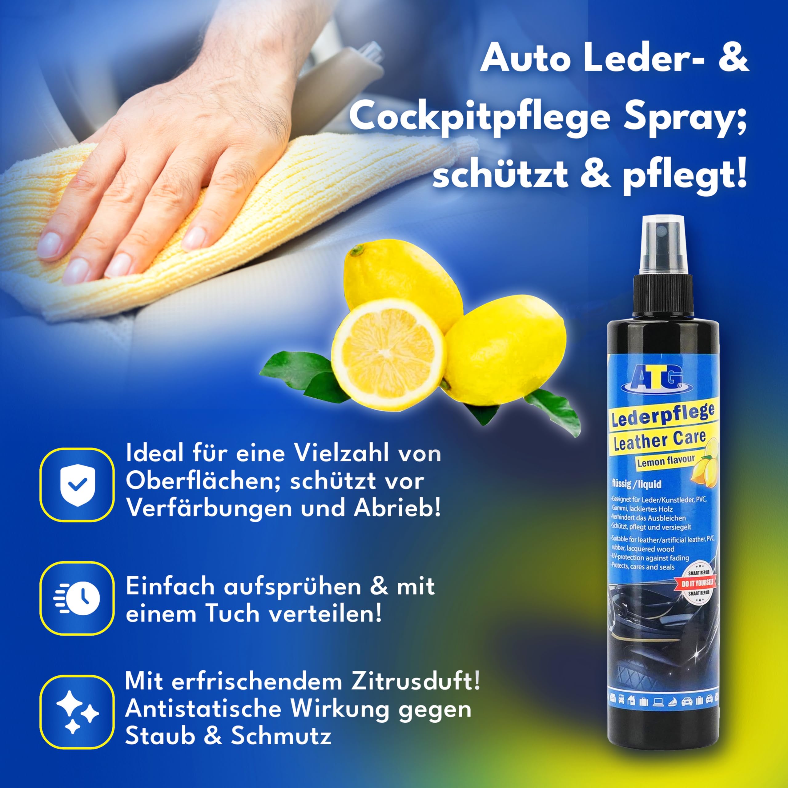ATG® Premium Autopflegeset - Lederpflege mit Zitrusduft - Scheibenversiegelung - Cleaner Wax Autopolitur mit Carnaubawachs - Reinigungsgel für den Innenraum - Kratzerentferner - 3x Mikrofasertuch