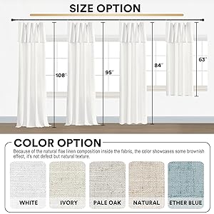PrinceDeco Linen Curtains with Attached Valance for Living Room, Light Filtering Farmhouse Semi-Sheer Treatments Rod Pocket/Ring Top for Bedroom, 2 Panels Set - W52 x L108 Inch, White